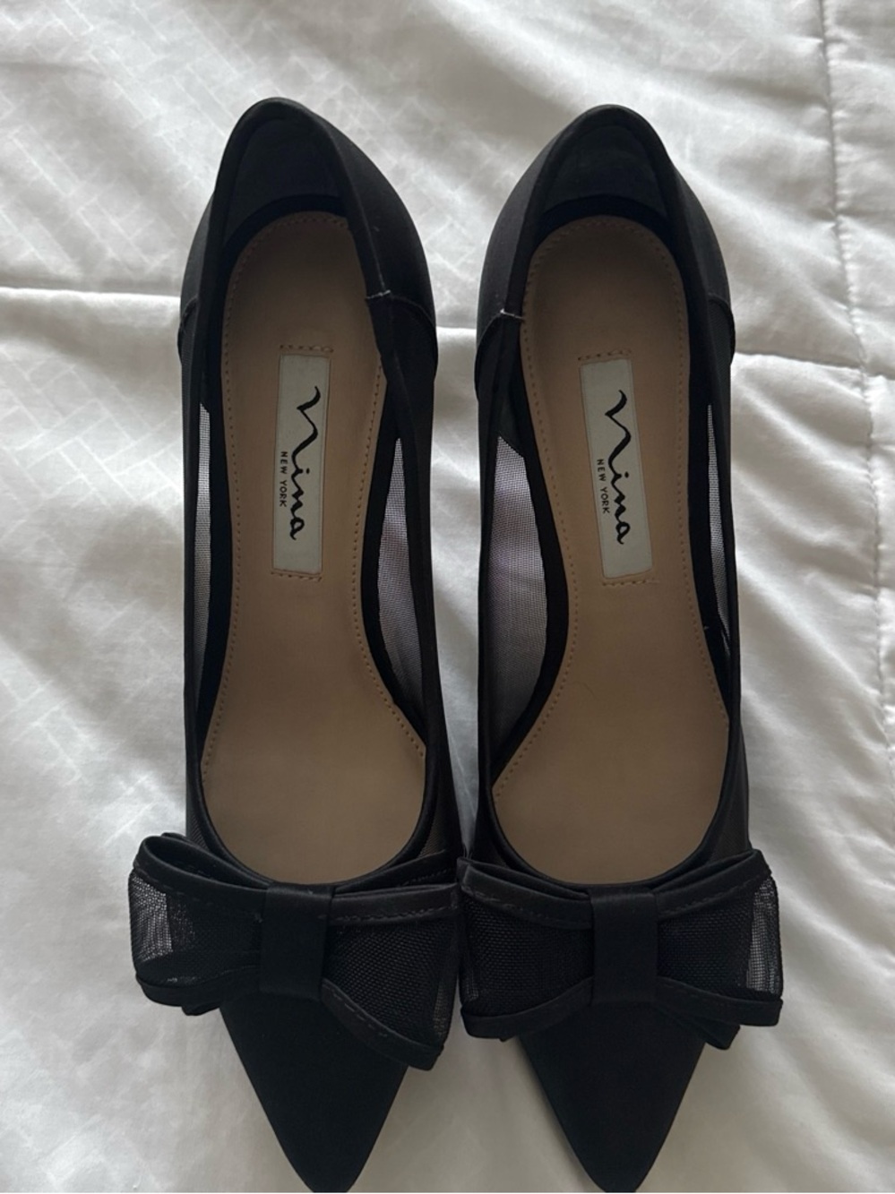 Nina Black Pointed-Toe Heels with Bow Accent